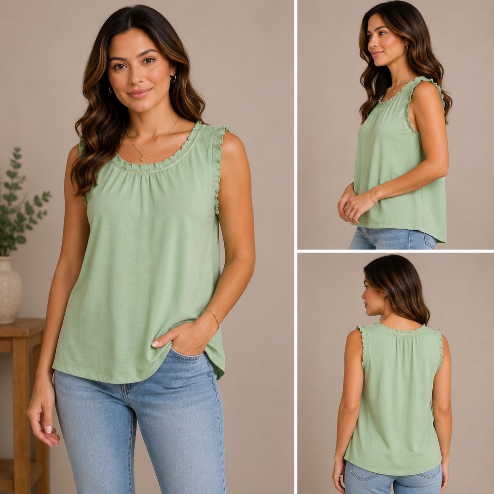 Only Necessities Tank Top Womens Large Green Excellent Ruffle Neck Sleeveless